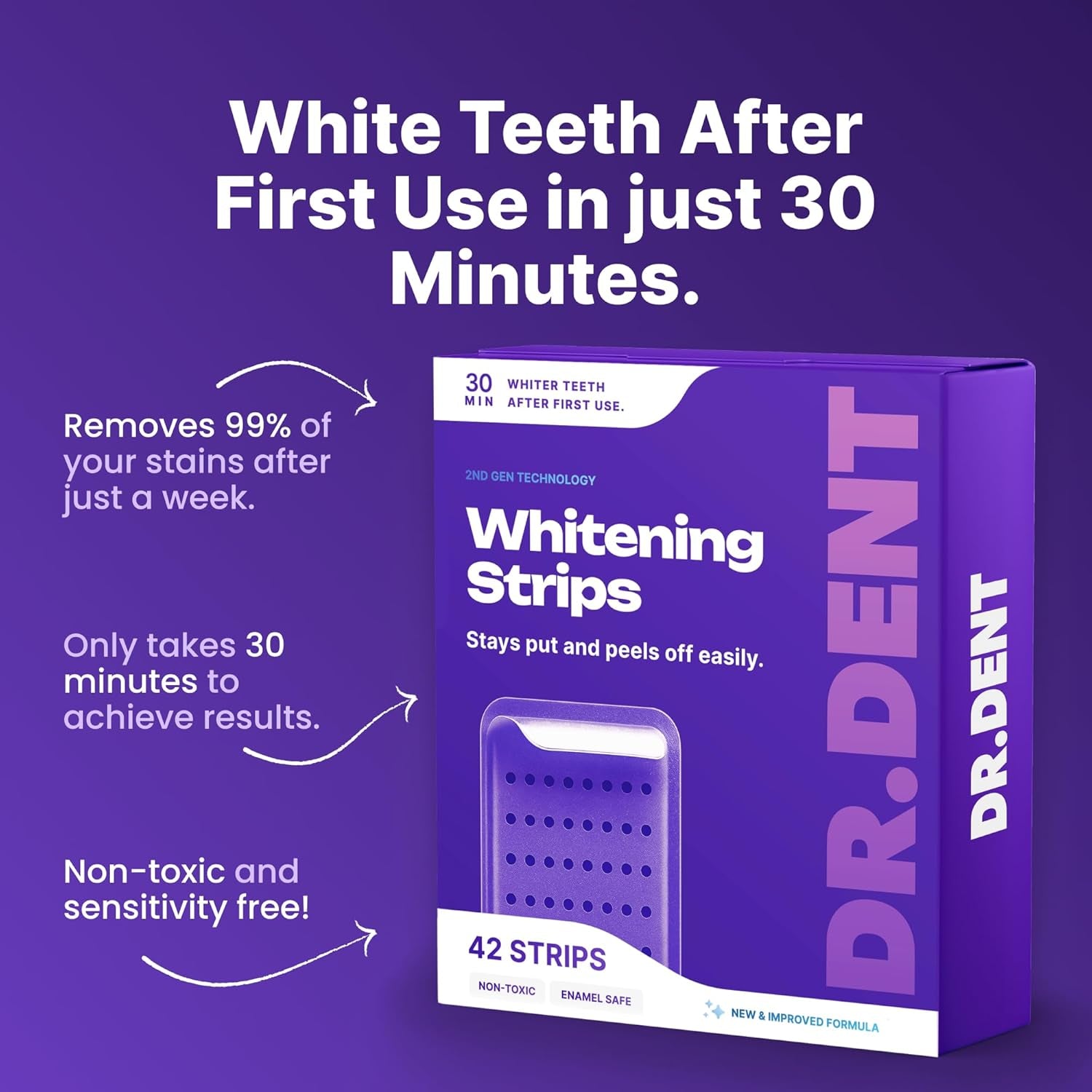 DRDENT Purple Teeth Whitening Strips 21 Treatments - Safe for Enamel - Non Sensitive Teeth Whitening - Whitening without Any Harm - Pack of 42